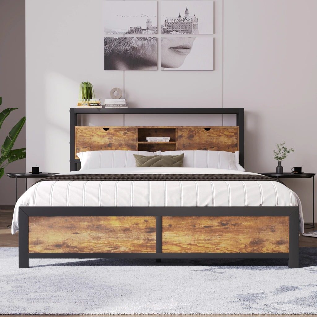 LETTO Matrimoniale 140x200 cm in Metallo e Legno Naturale con testiera portaoggetti