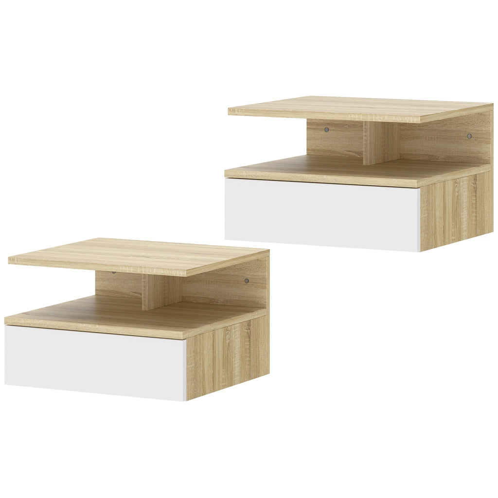Comodino sospeso bianco e rovere ¨C Xylo ¨C Set 2 pezzi con cassetto 35x32x22,5cm