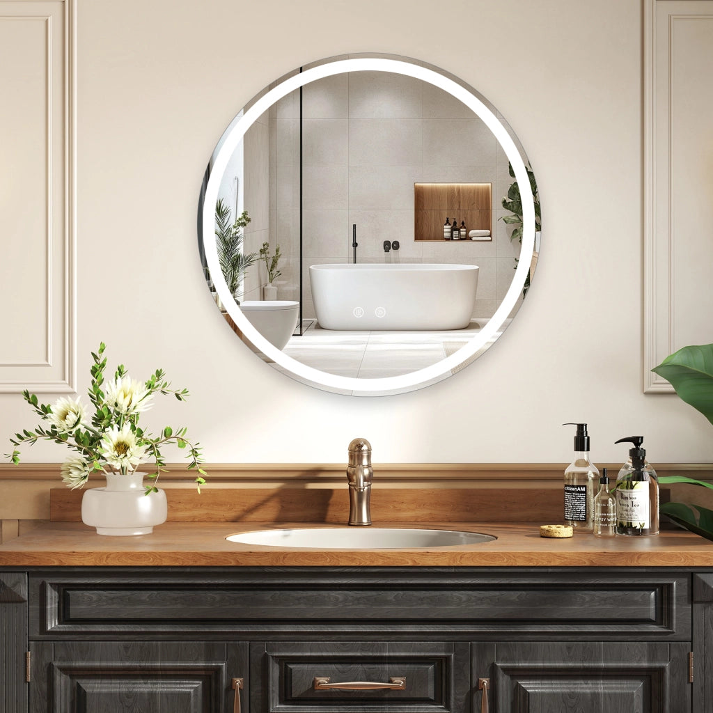 Specchio led bagno rotondo parete vetro temperato luminosità regolabile-Specchio touch memoria anti-appannamento 70cm