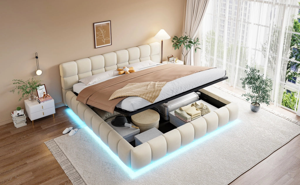 Letto imbottito matrimoniale 180x200 cm con contenitore idraulico, LED e tessuto effetto velluto beige