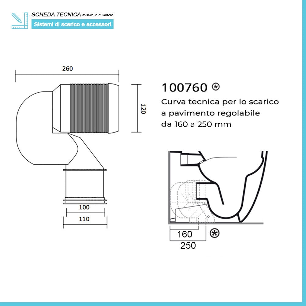 Curva tecnica per wc traslato con scarico a terra da 16 a 25 cm