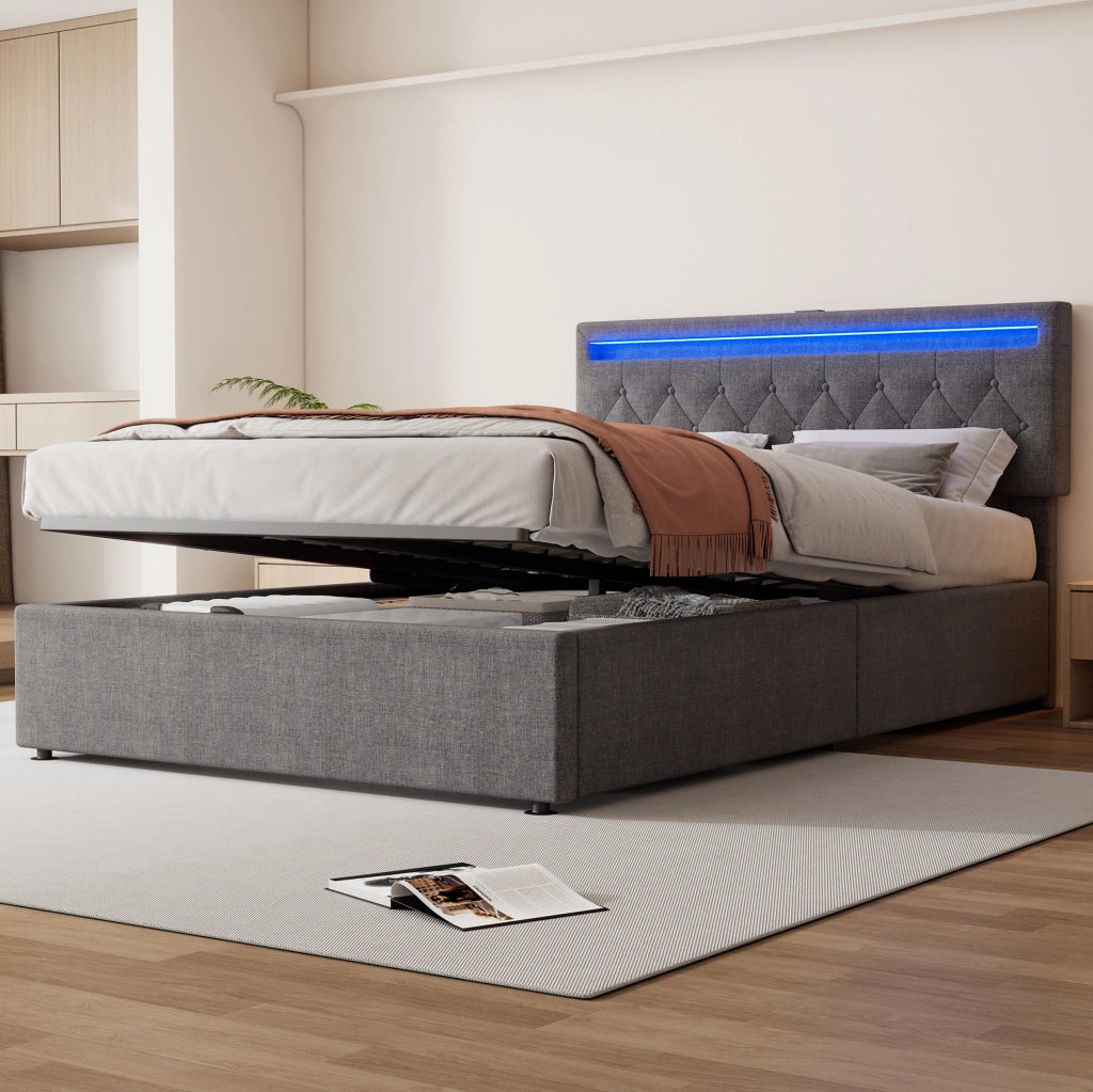 Letto imbottito 140 x 200 cm con LED e contenitore