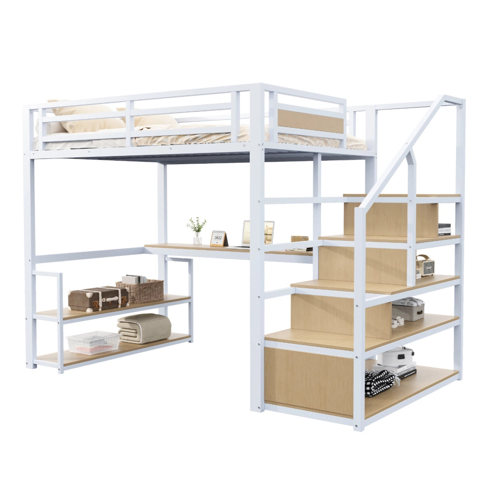 Letto a soppalco in metallo 140x200 con scala contenitore, ripiani e scrivania