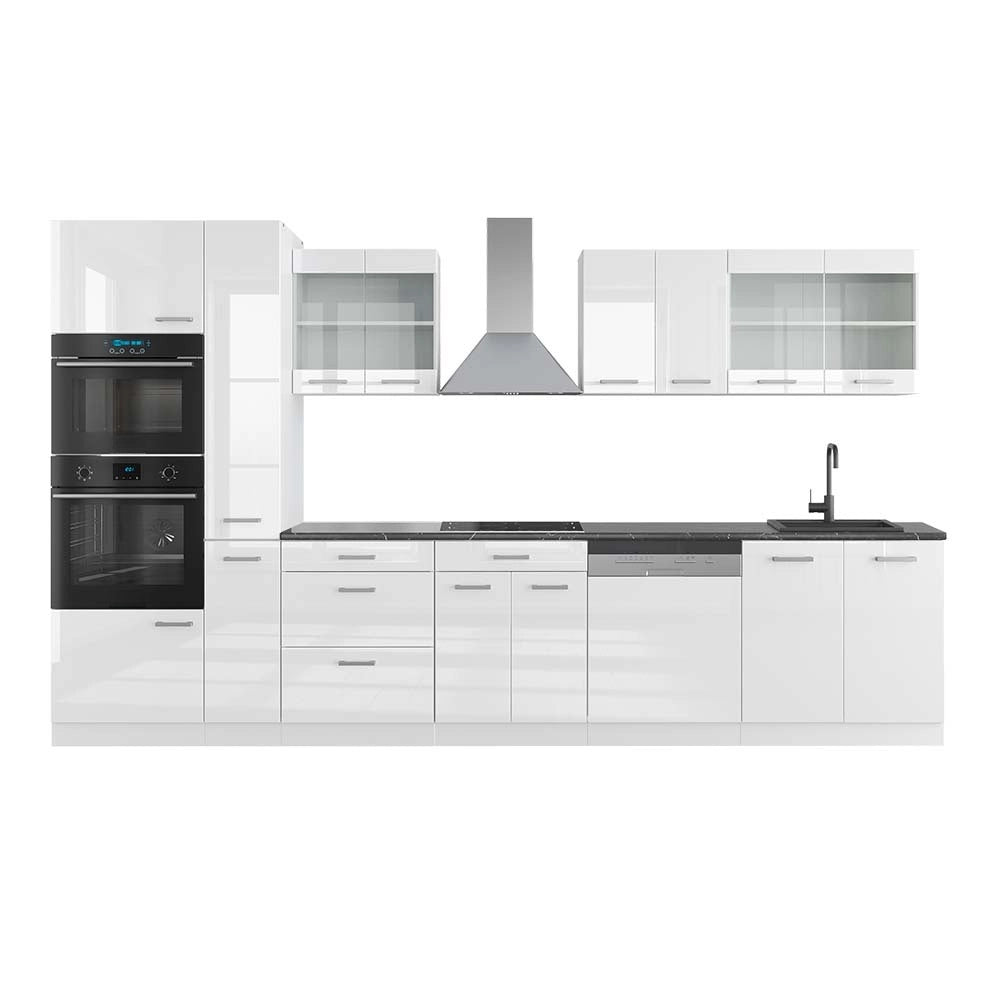 Cucina componibile R-Line Bianco lucido/Bianco 350 cm con armadio alto, PL Antracite Vicco