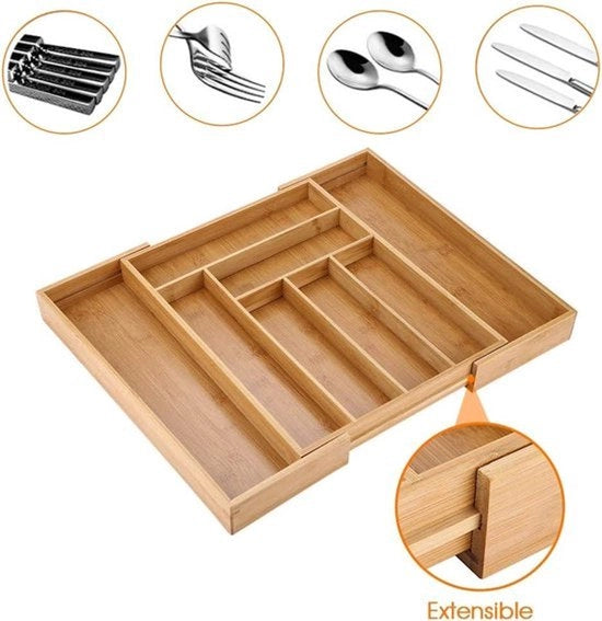 Organizzatore di contenitore in bambù - insert per cassetta da cucina estensibile - distributore di cassetta multifunzionale regolabile per argenteria, posate, coltelli - per cucina, camera da letto, soggiorno