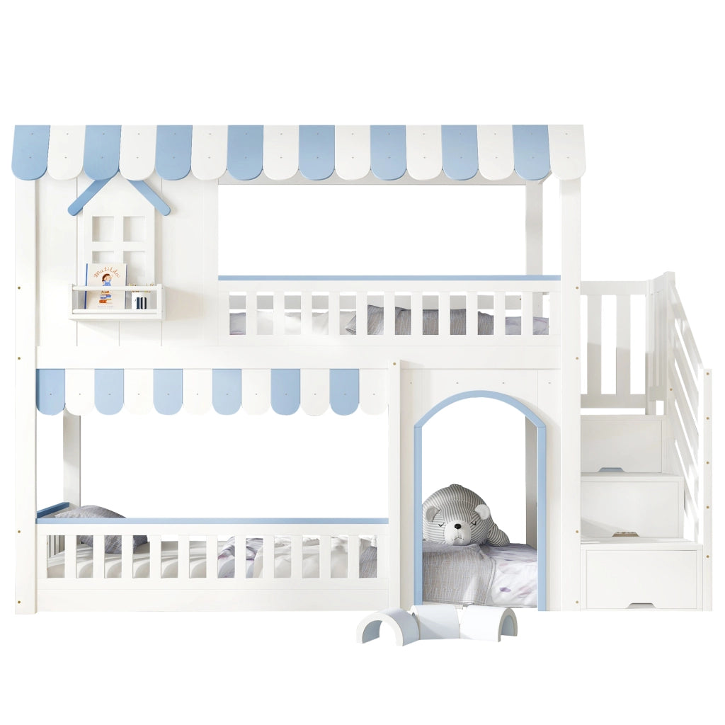 Letto a Castello 90 x 200 cm - Scala con Contenitore; Sponde e Spazio Sottoletto - Bianco e Blu