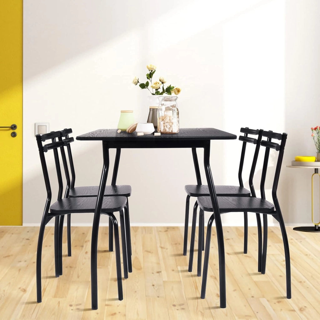 Tavolo da Pranzo con 4 Sedie, Set Tavolo e 4 Sedie da Sala da Pranzo in Metallo con Schienale Curvo Ergonomico e Piedi, Antiscivolo, per Casa, Soggiorno, Cucina, Nero