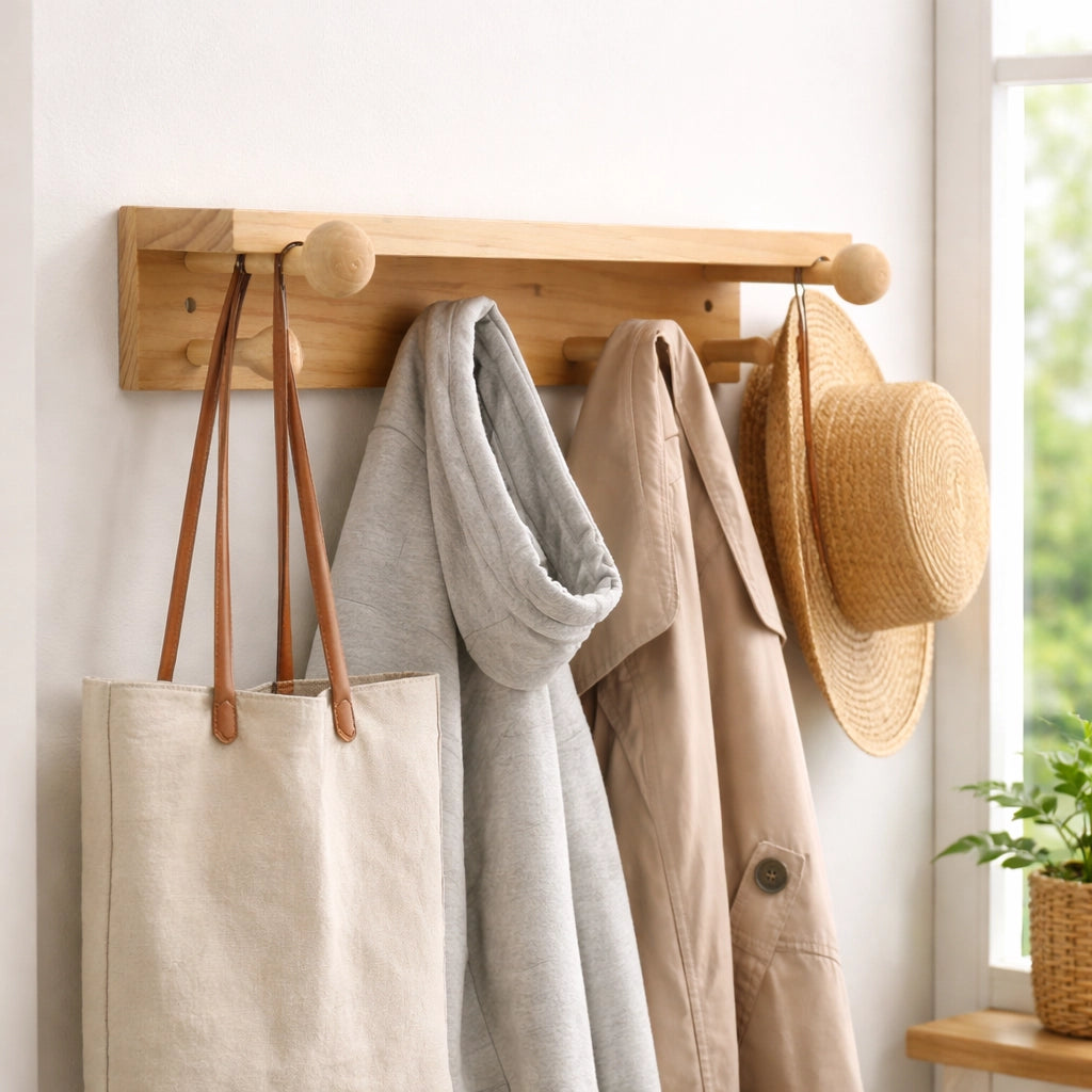 Mensola Appendiabiti in Legno Naturale 40 cm con 6 Ganci da Parete | 74212