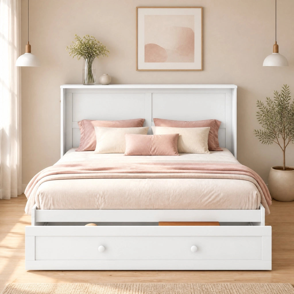 Letto a scomparsa 140 × 200 cm con cassetto e ripiani laterali in legno e MDF bianco