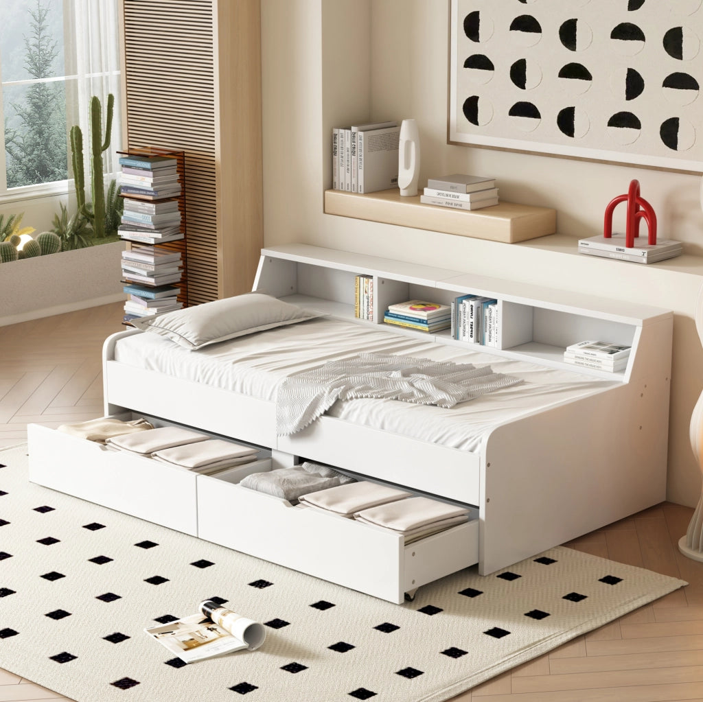 Letto da giorno 90x200 cm con 2 cassetti e vani contenitore; pino e MDF; bianco