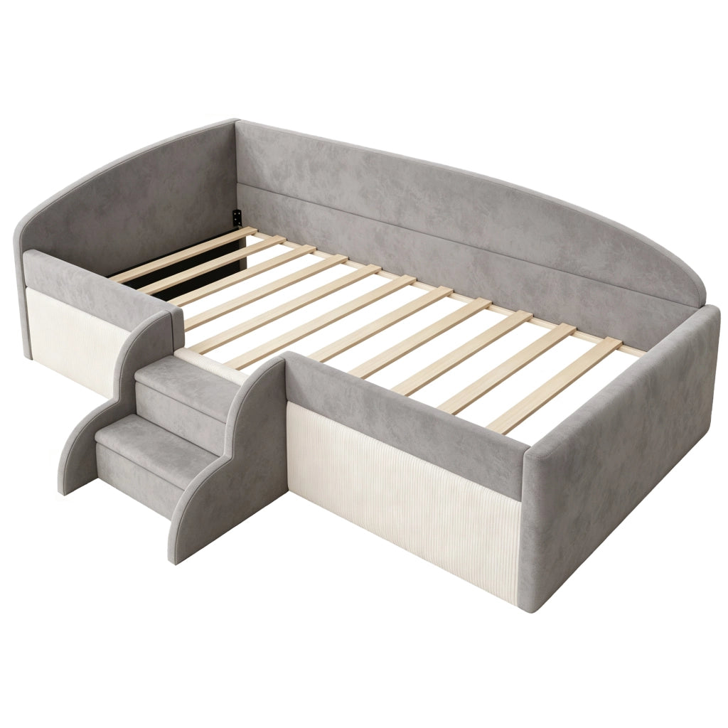 Letto imbottito per bambini con gradini e recinzioni, 90x190 cm, grigio