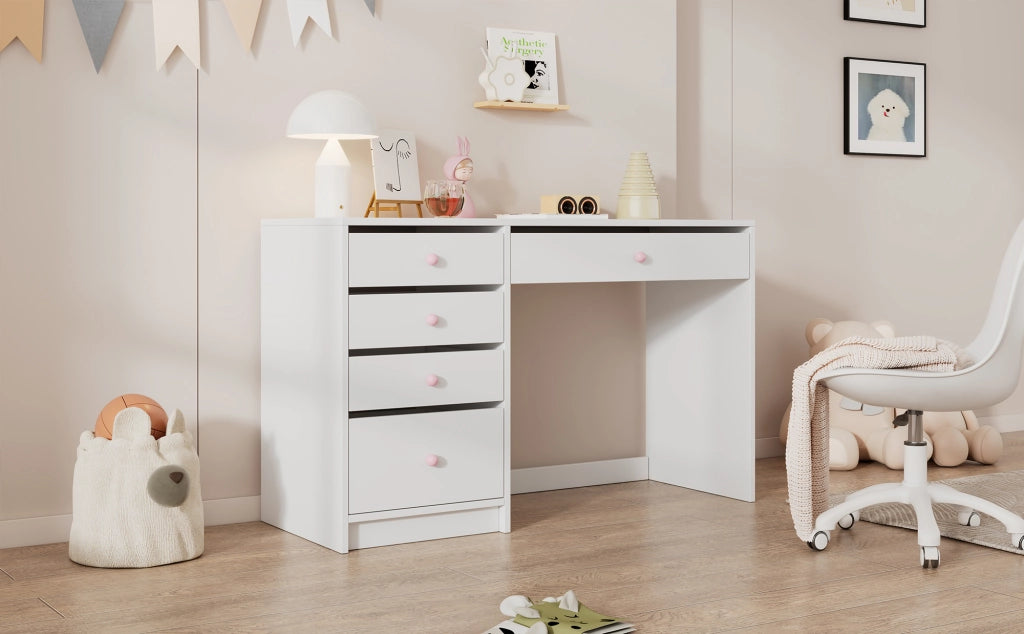 Scrivania lineare con 5 cassetti e maniglie in ceramica rosa, per cameretta e camera da letto, bianco, 120 × 45 × 74 cm