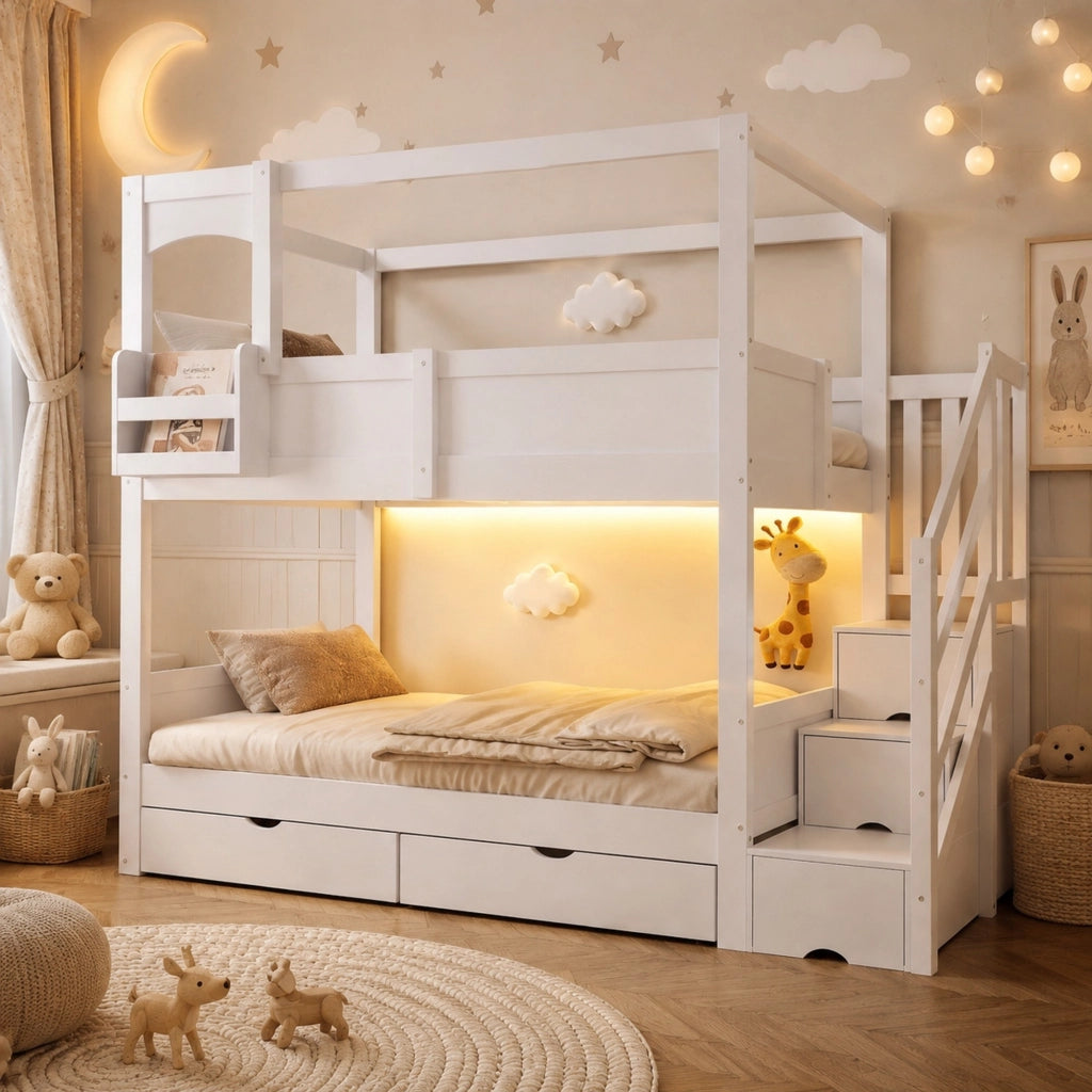 Letto a castello 90x200 cm con scaffale regolabile; lavagna e contenitore in legno bianco