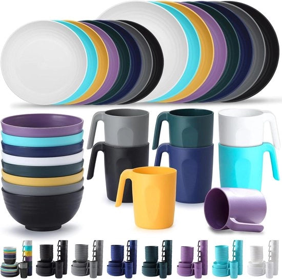 Set di Cucina in Plastica da 32 Pezzi - Resistenti ai Colpi - Leggeri - Piatti e Scodelle - Sicuri per il Microonde - Senza BPA - Garanzia per 8 Set di Piatti per 6 Persone