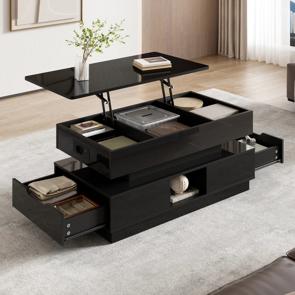 Tavolino basso sollevabile con cassetti vani aperti presa integrata e LED finitura lucida in MDF nero 90 × 48 × 42,5 cm