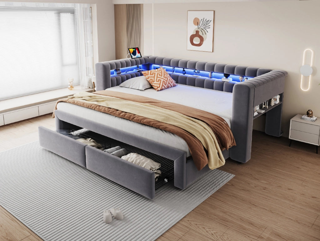 Divano letto ULEVR 90x190 cm estraibile in 180x190 cm con 2 cassetti, LED, USB e Type-C, velluto grigio
