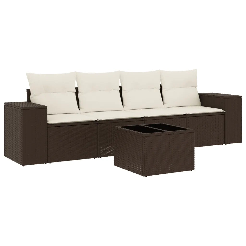 Set Divano da Giardino 5 pz | Set Salotto da Giardino con Cuscini Marrone in Polyrattan