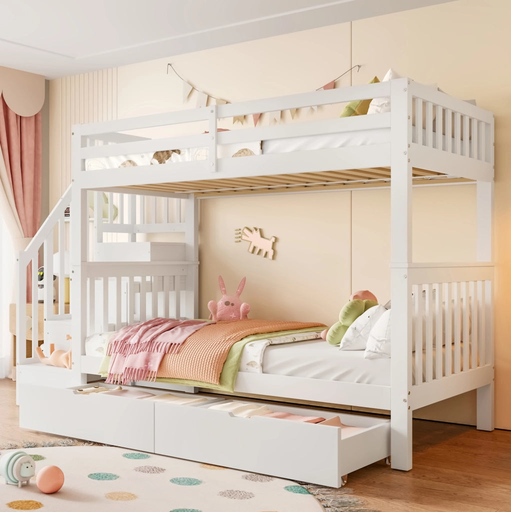 Letto a castello 90x200 cm con scala contenitore e 2 cassetti