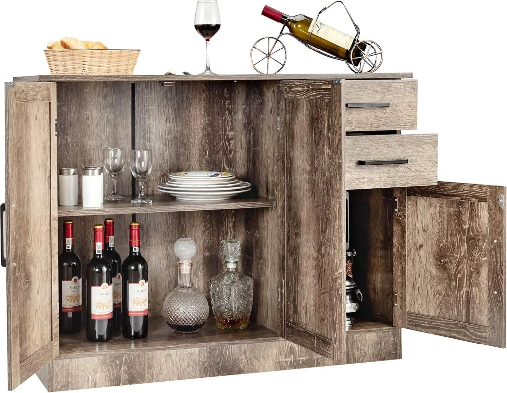 Armadietto Portaoggetti Multifunzione, Credenza da Cucina con 2 Armadi, Ante e 2 Cassetti, Mobile Portaoggetti con Dispositivo Antiribaltamento, Retrò, Grigio, 110 x 40 x 78 cm