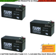 Batteria Accumulatore 12 V 1,2 Ah Tre Pezzi Collegamento Tramite 2 Faston 5 mm Polarizzati Ermetica AGM VRLA Valve Regulated Selezionata da Securvera Caricata Marca Fiamm PRC Dimensioni L97XP42XH51 mm