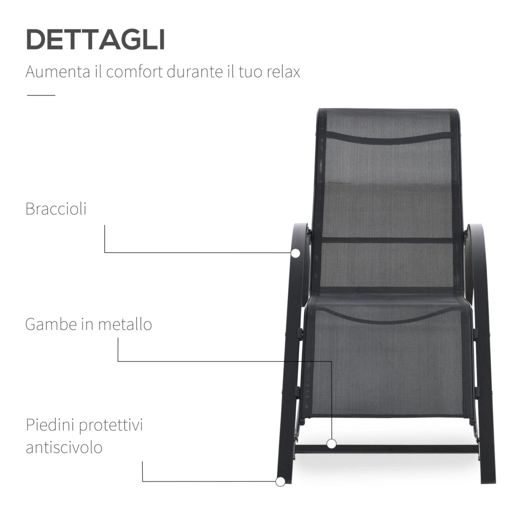 Set 2 Lettini Prendisole e Tavolino con Ripiano. in Tessuto Traspirante e Metallo. 59x169x66 cm. Nero