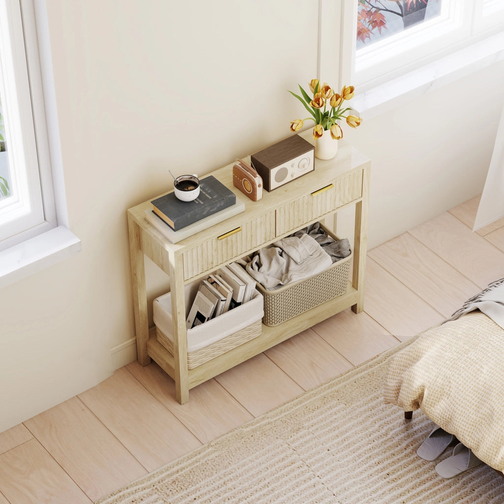 Tavolo console ¨C Minimal ¨C 90 cm, legno naturale, 2 cassetti, ripiano