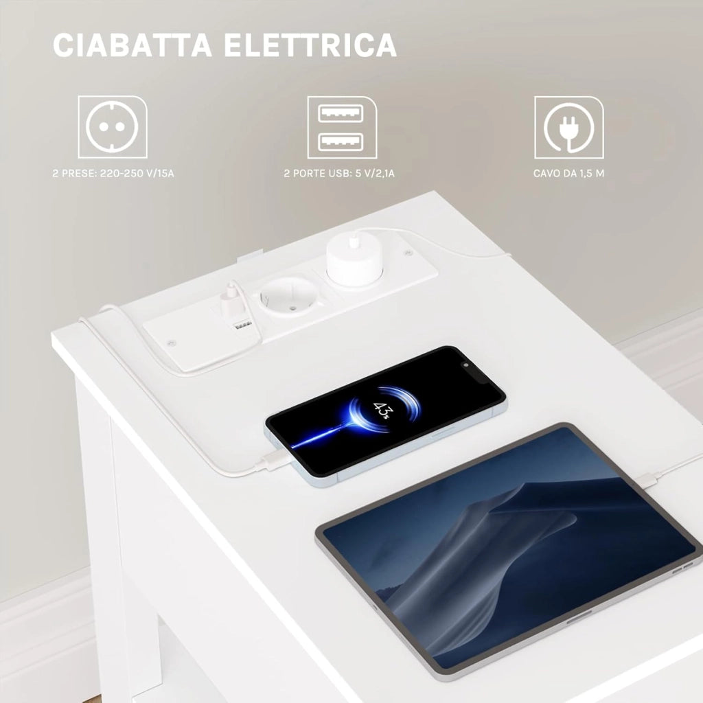 Comodino con Prese Integrate e Porte Usb, Comodino con Cassetto e Ripiani, Tavolino per Piccole Stanze, Camera da Letto, Soggiorno, Bianco, 30x45x65cm, NTS20ws