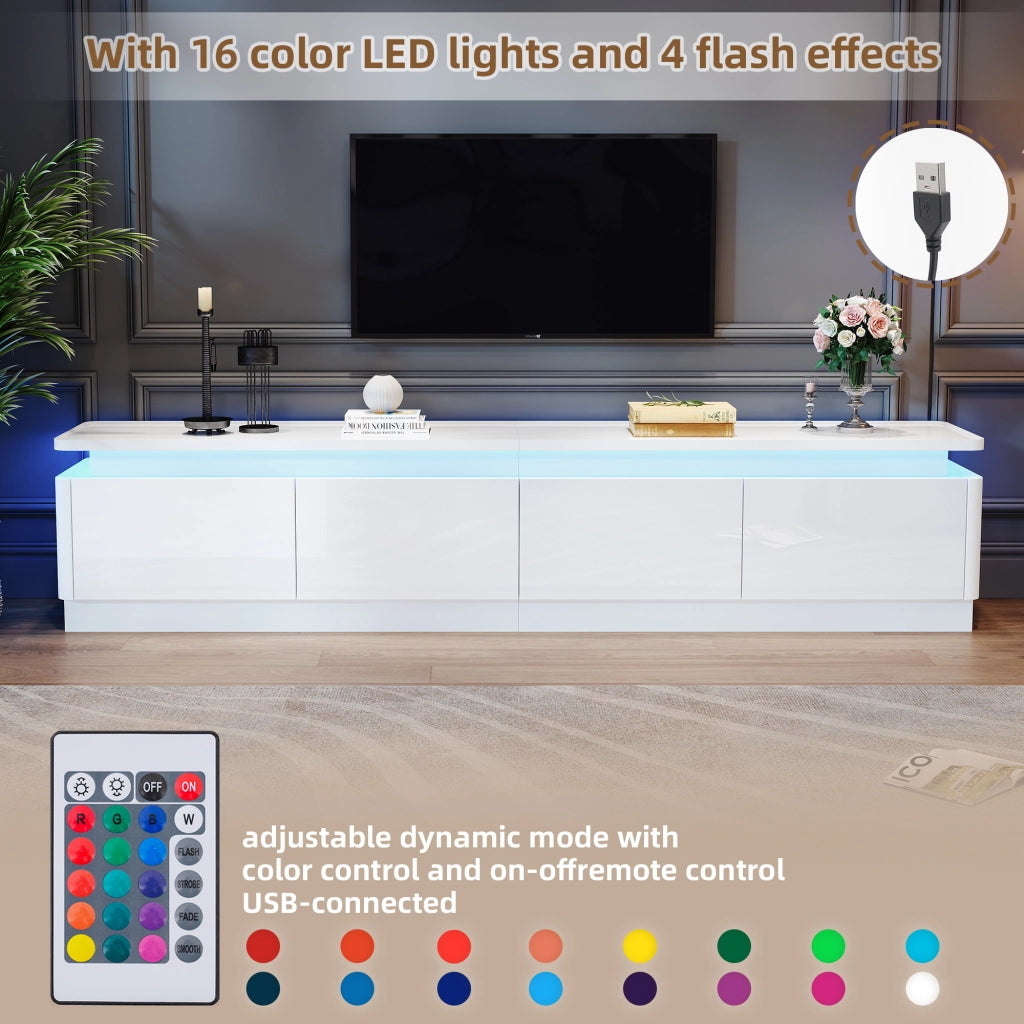 Mobile porta TV con LED, 4 cassetti e finitura lucida, per soggiorno, in truciolato bianco, 180 × 34 × 40 cm