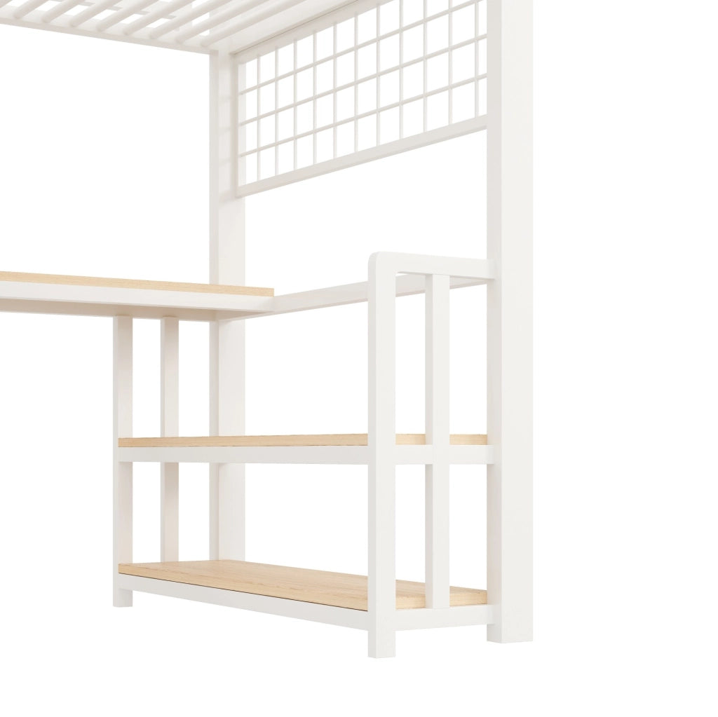 Letto a soppalco 90x200 cm con scrivania, LED e prese USB, bianco