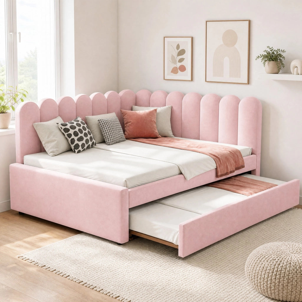 Letto imbottito a L rosa 140x200 cm con letto estraibile