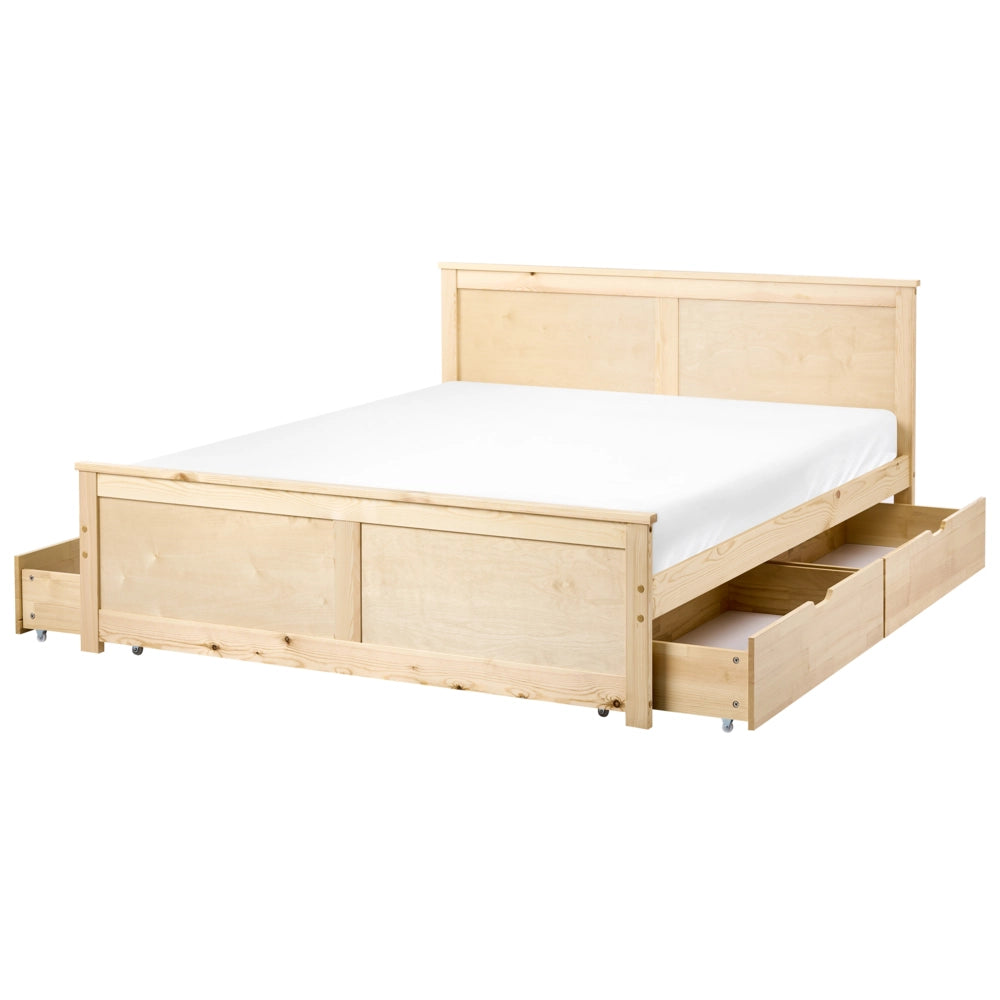 Letto con 4 cassetti in legno di pino naturale e MDF di betulla 140 x 200 cm con testiera in stile scandinavo