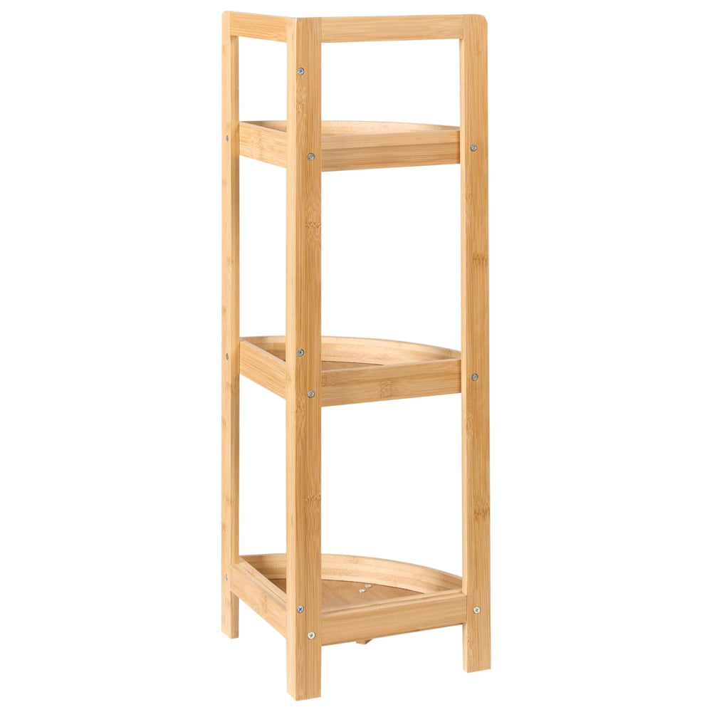 Scaffale angolare per bagno in bambù a tre ripiani Design marrone chiaro con cestino