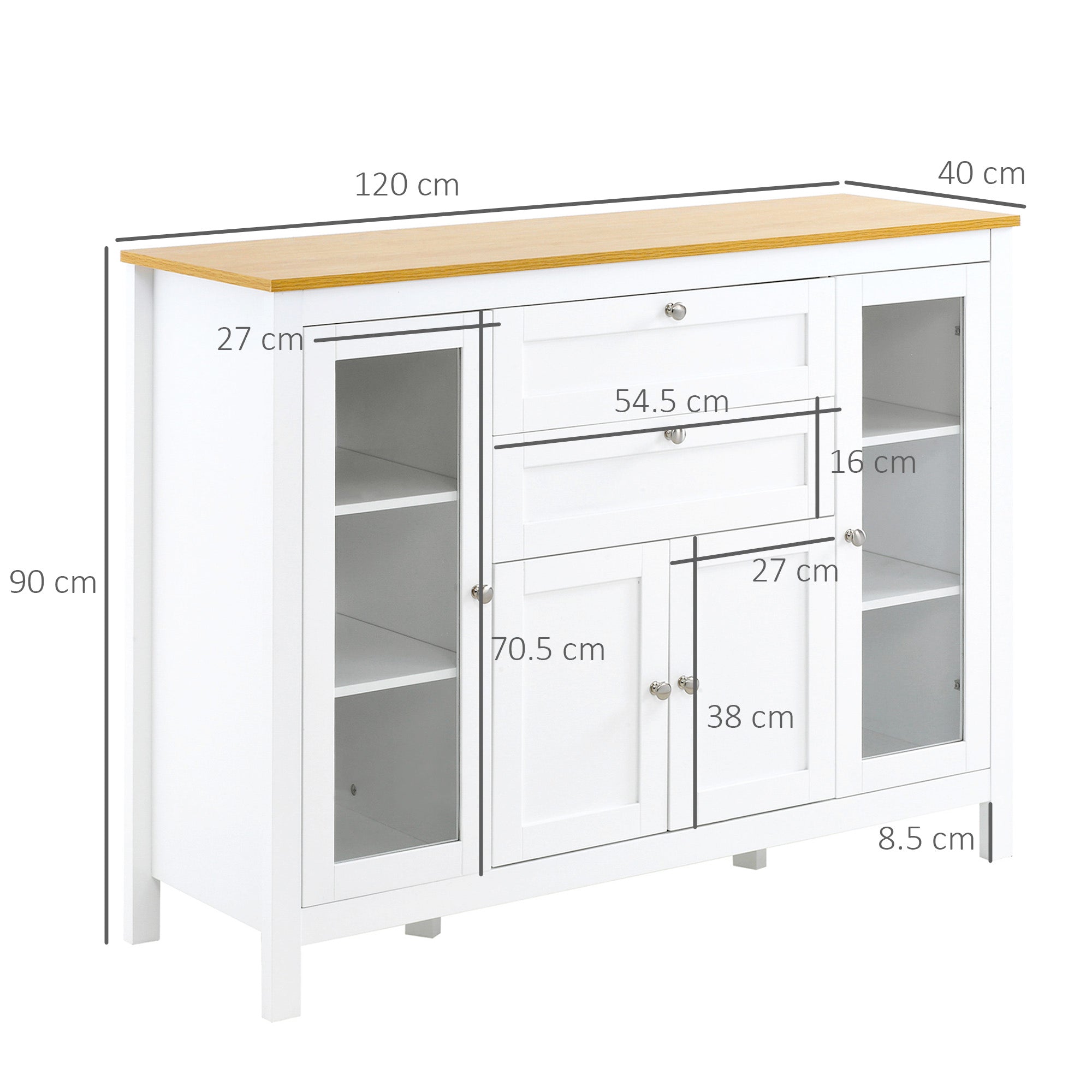 Mobile Cucina Credenza 120x40x90 cm con 2 Cassetti e 3 Armadietti Ante in Vetro Bianco e Rovere