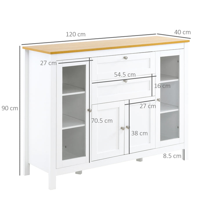 Mobile Cucina Credenza 120x40x90 cm con 2 Cassetti e 3 Armadietti Ante in Vetro Bianco e Rovere