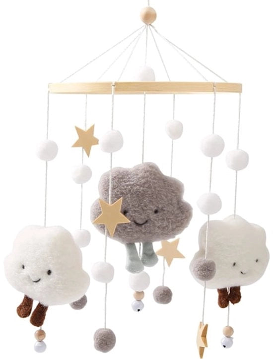 Mobile per Bambini Naturale Serie - Decorazione da Appendere con Nuvole e Stelle - Fatto a Mano con Bambù e Velluto - Stimola lo Sviluppo Sensoriale