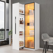 Vetrina con libreria estraibile 70x40x160 cm in MDF bianco con LED, vetro temperato, 1 anta e 2 colli