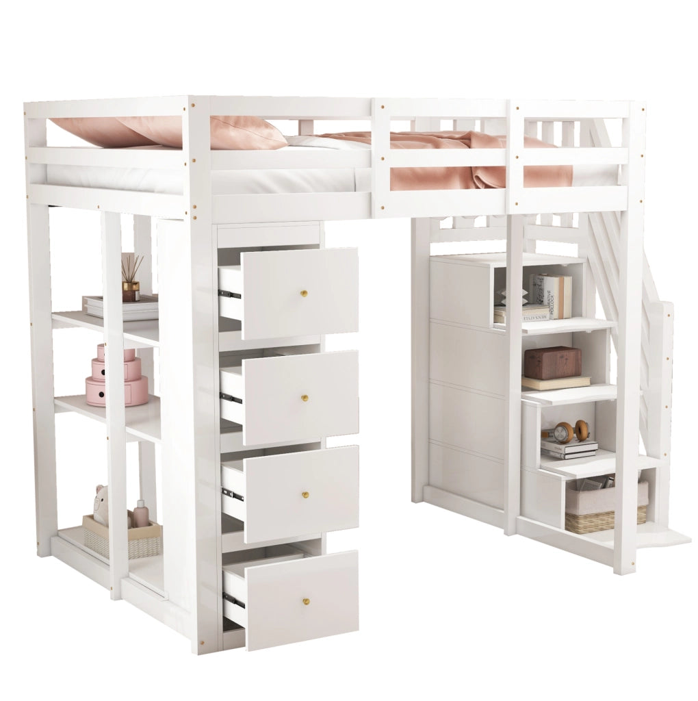 Letto a soppalco 140x200 cm in legno bianco con 4 cassetti; ripiani e scala laterale
