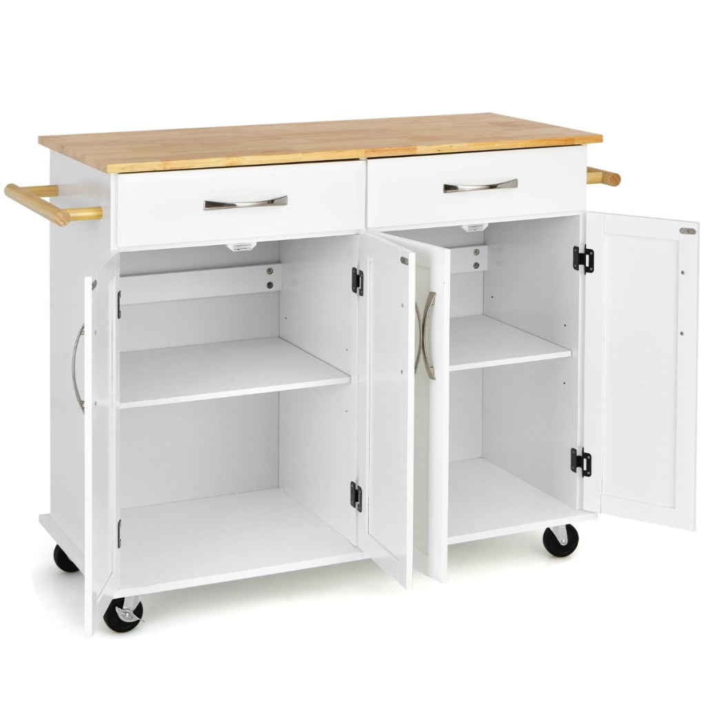 Carrello da cucina con piano di lavoro in legno di gomma 4 ante ripiani regolabili-Scaffale-Carrello porta utensili Bianco