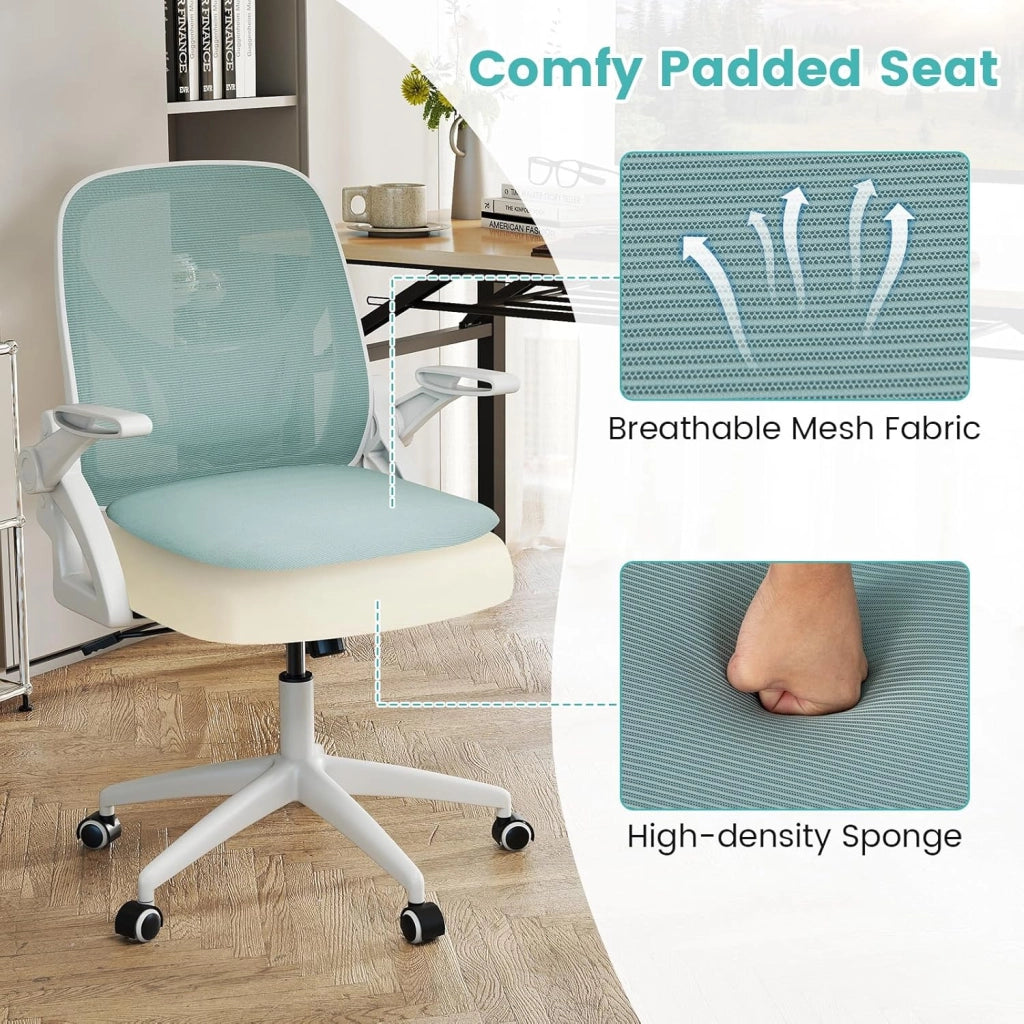 Sedia da scrivania ergonomica, sedia da ufficio girevole in rete con ruote, altezza regolabile e braccioli pieghevoli, seduta imbottita, supporto lombare, carico 150 kg (blu)