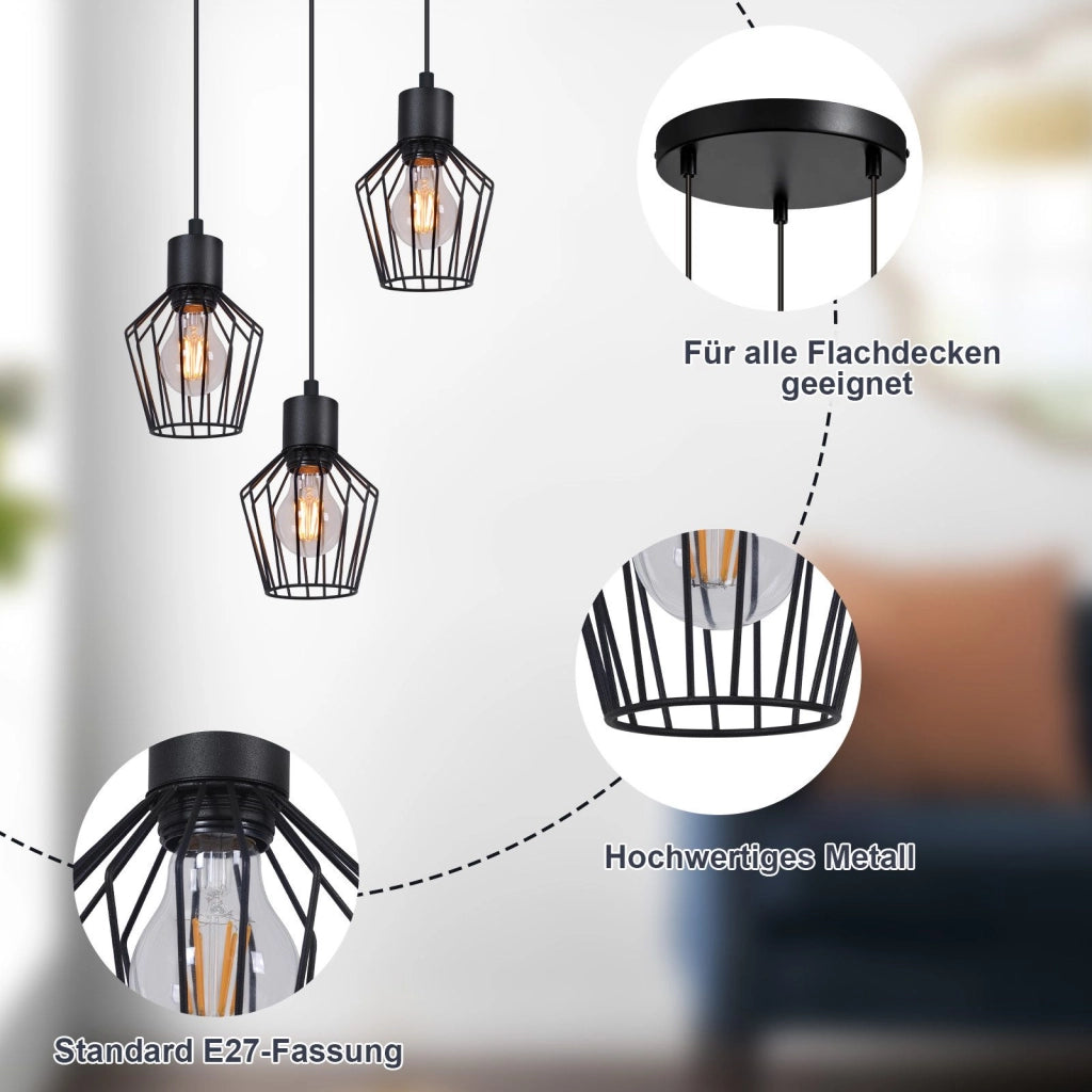 Lampada a sospensione ZMH rotonda a 3 lampadine LED nera E27 retr¨° in metallo