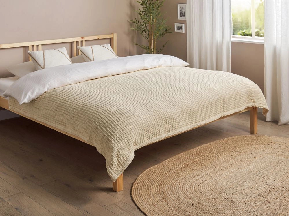 Copriletto in cotone beige  150 x 200 cm con motivo a quadretti, decorativo, per il soggiorno e la camera da letto.