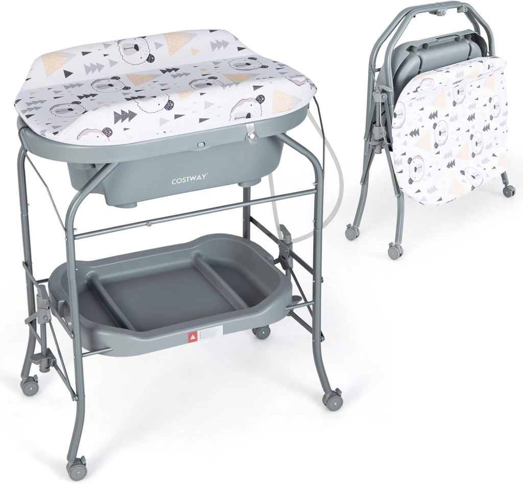 Fasciatoio con Vaschetta Bagnetto 2 in 1, Vasca da Bagno Pieghevole per Bambini, Fasciatoio con Materassino, Cestino Portaoggetti, Ruote con Freno, Portata 35kg+15kg (Bianco)