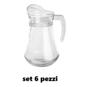 Trade Shop - Set 6 Pezzi Brocca Caraffa In Vetro Trasparente 1,3 Lt Litri Per Acqua Vino -