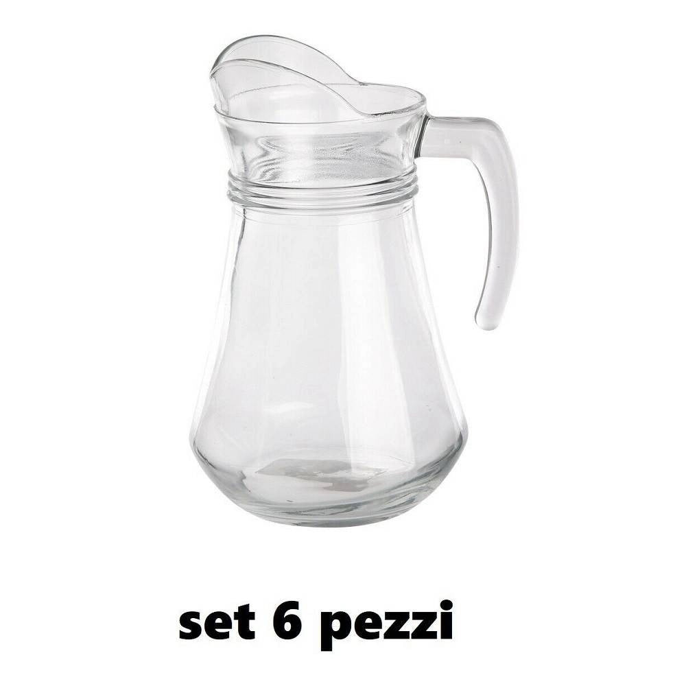 Trade Shop - Set 6 Pezzi Brocca Caraffa In Vetro Trasparente 1,3 Lt Litri Per Acqua Vino -