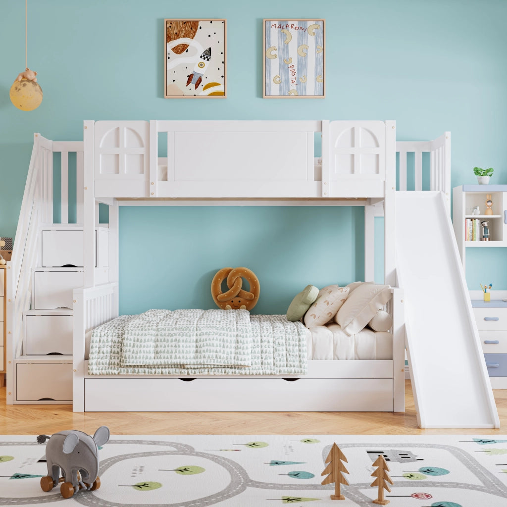 Letto a castello con scivolo e cassetti in legno massello e MDF 90x200 cm