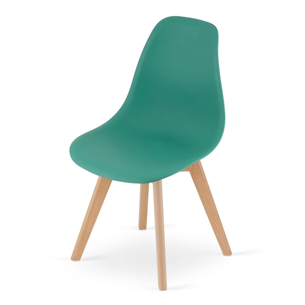 Sedia di design Kito verde con gambe in legno di faggio