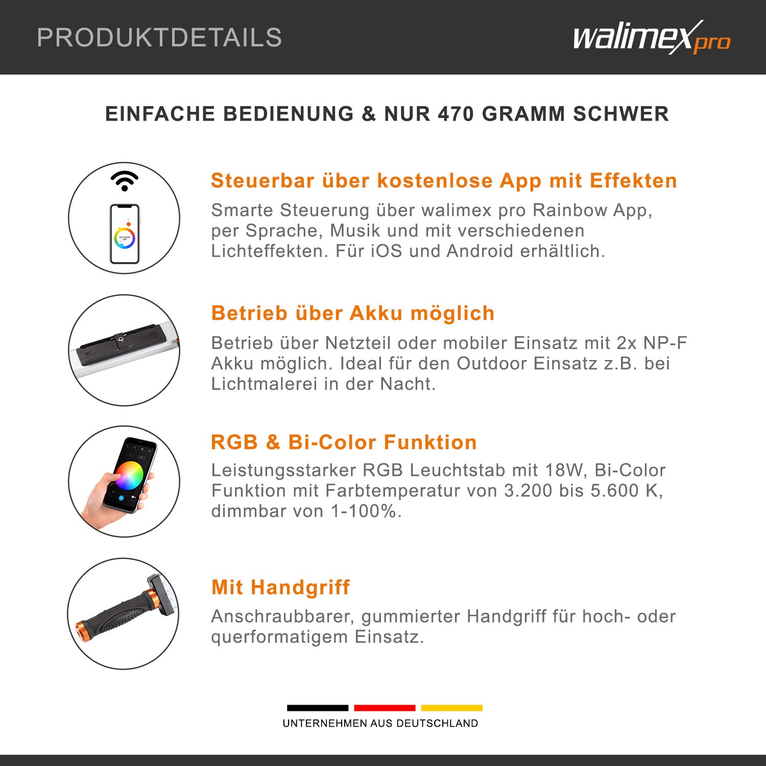 Rainbow Tubo LED fotografia RGB, barra luminosa da 18 W, luce da studio fotografico dimmerabile e bicolore, controllo tramite app