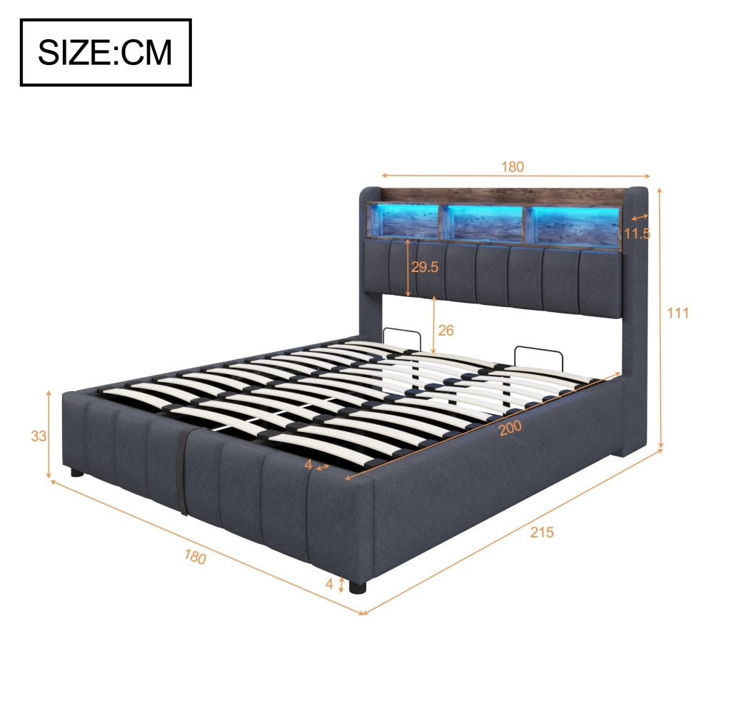 Letto imbottito 180x200 cm con LED; contenitore e USB in lino grigio