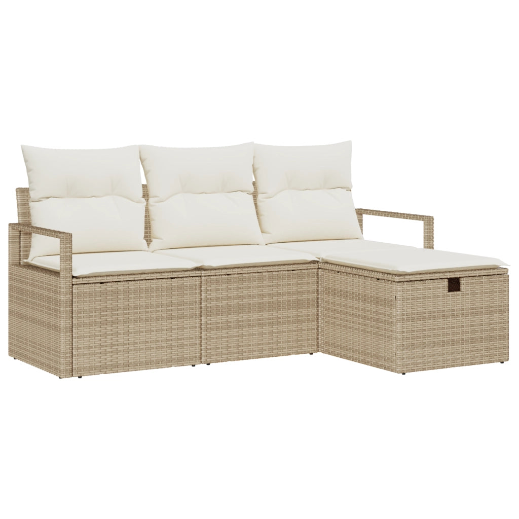 Set di Divani da Giardino 4 Pezzi con Cuscini Beige Rattan Poliestere