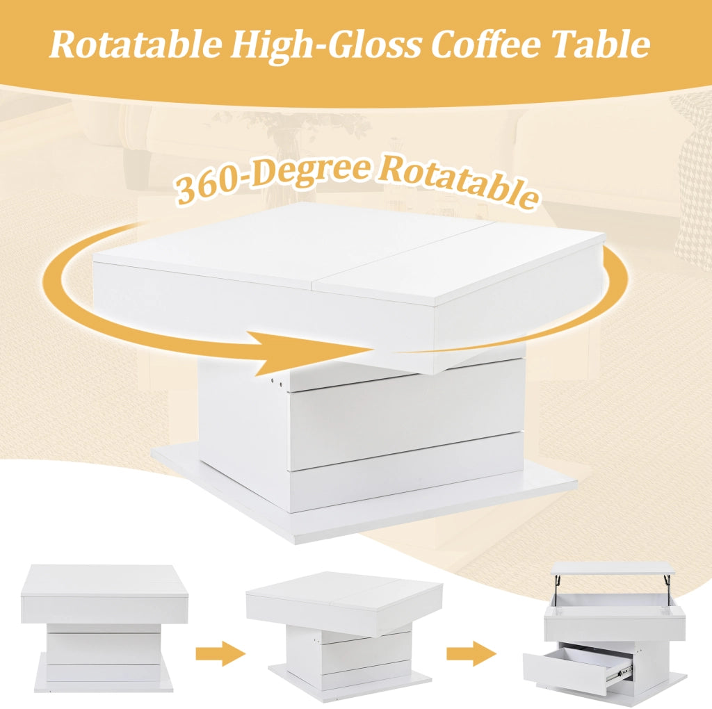 Tavolino da caffè quadrato 70x70x45 cm con piano sollevabile e rotazione 360°; bianco lucido